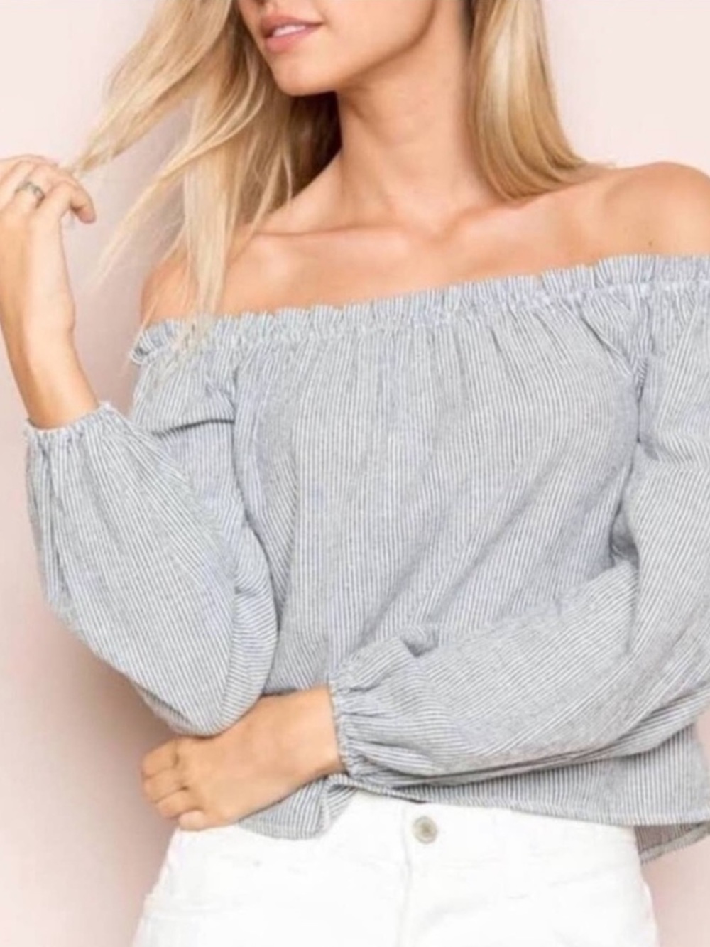 Brandy Melville Off-Shoulder Top in Light Gray and White Pinstripe